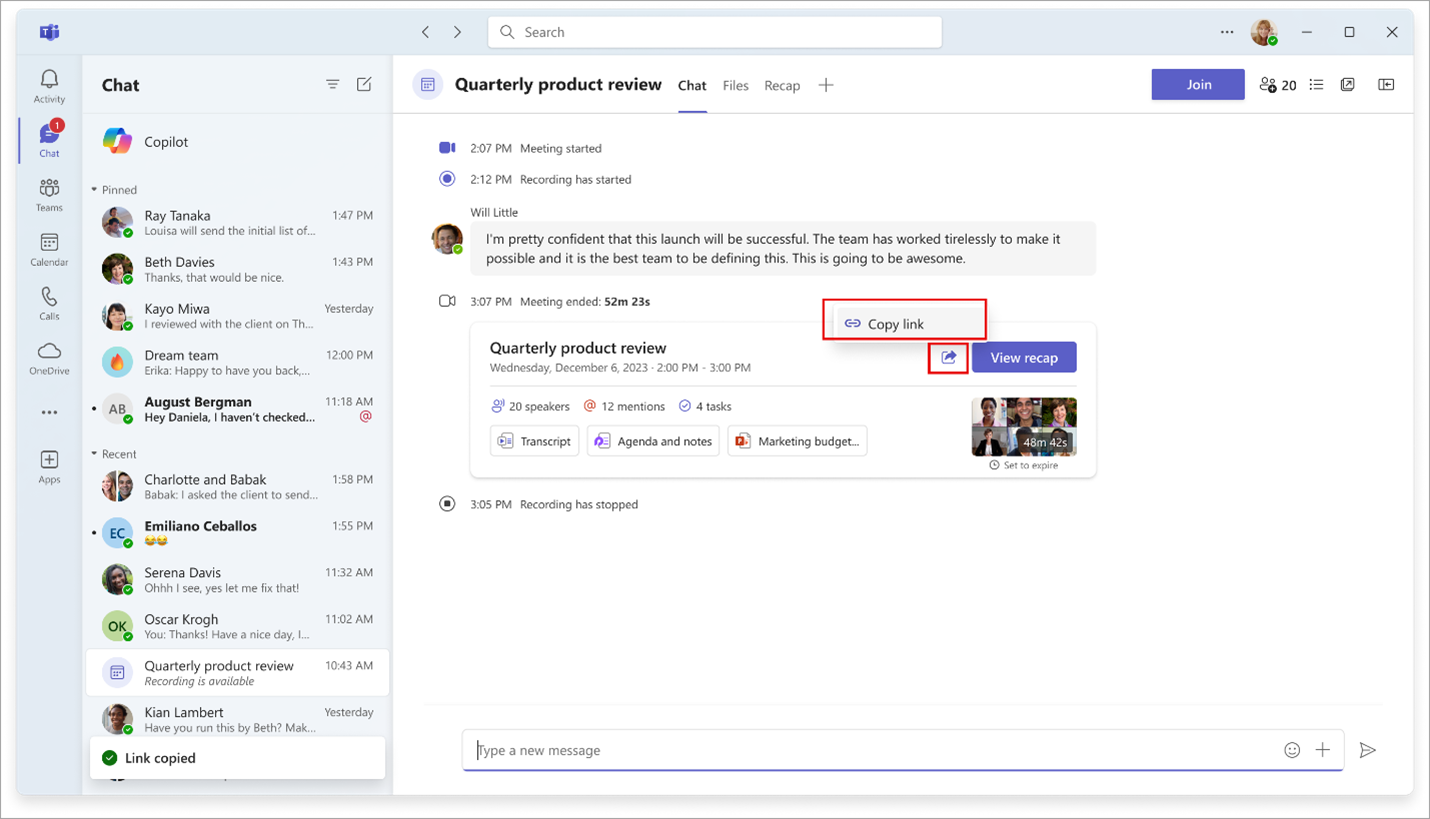 Meeting recap can be shared as a link