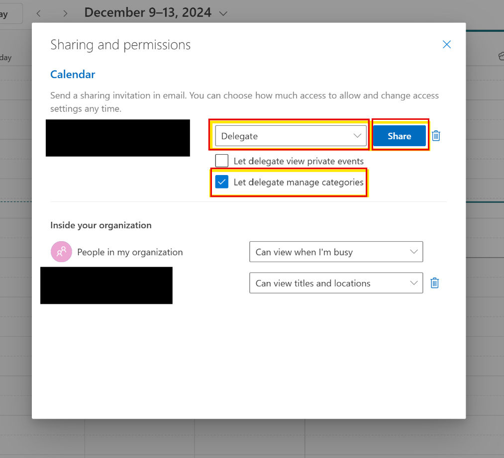 Delegates can create new categories for the account owner's Calendar